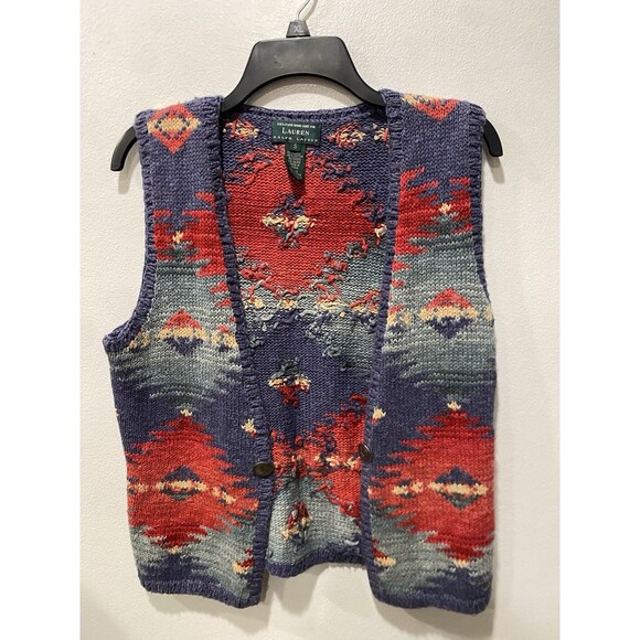 VTG Lauren Ralph Lauren Hand Knit Southwestern Aztec Vest Linen Equestrian Sz S - Picture 1 of 8